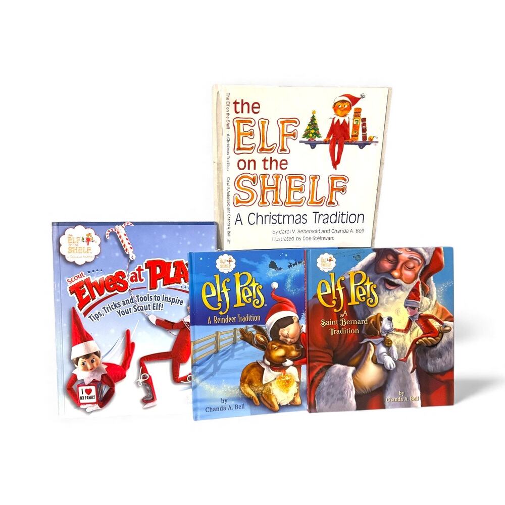 Elf on the Shelf Book Set of 4 Elves at Play. Elf Pets St Bernard and Reindeer